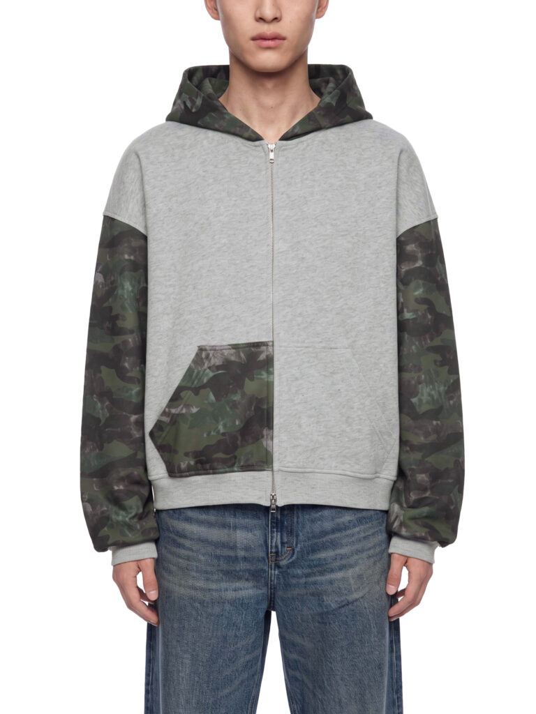 Unisex Colorblock Camo Full Zip Boxy Hoodie, worn view