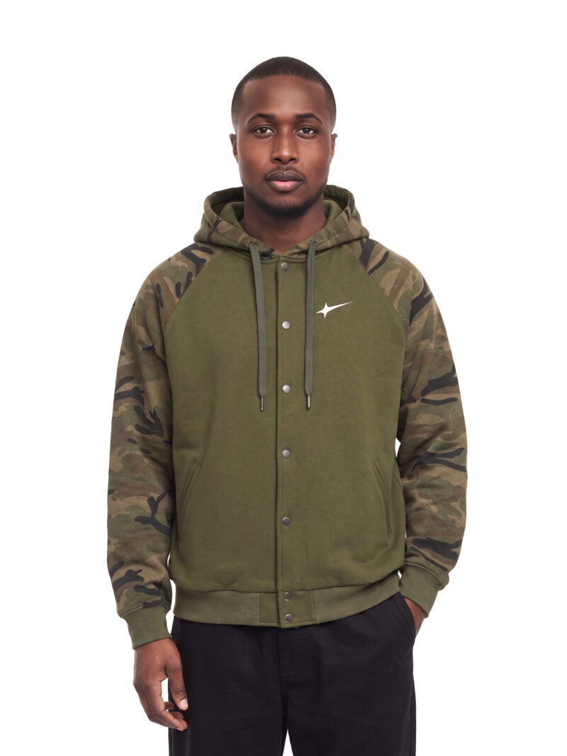 Offside Army Camo Raglan Hoodie in army green with green camo, worn by model