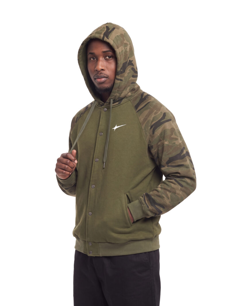Offside Army Camo Raglan Hoodie in army green with green camo, worn by model
