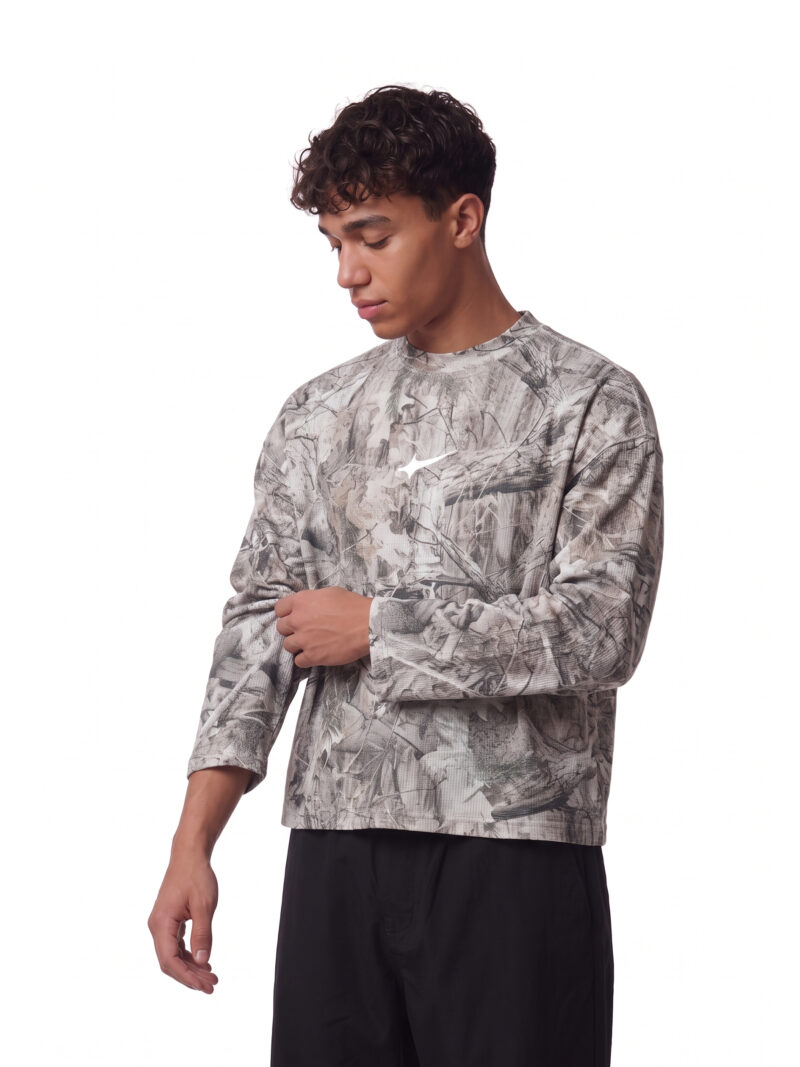 Offside Hunter Camo Waffle Long Sleeve Tee in tree camo, worn by model