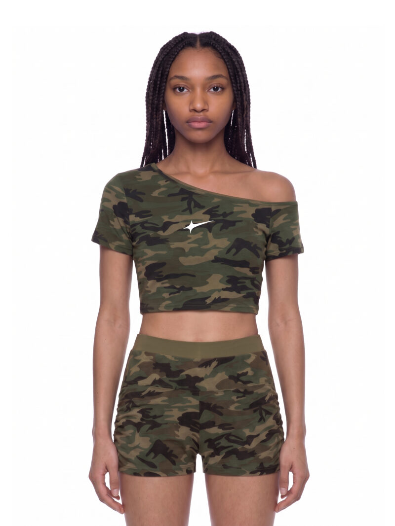 Offside Recon Camo Off-Shoulder Tee Full Set in army green camo, worn by model