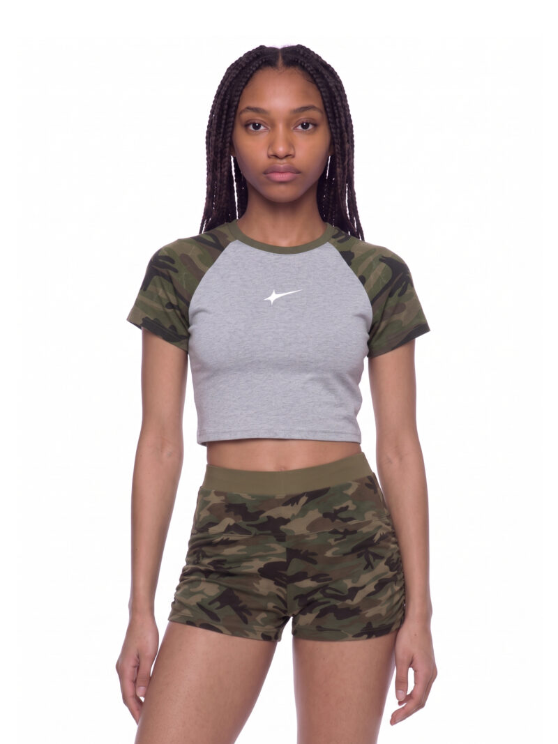 Offside Recon Camo Raglan Crop Tee Full Set in flower gray and army green camo, worn by model