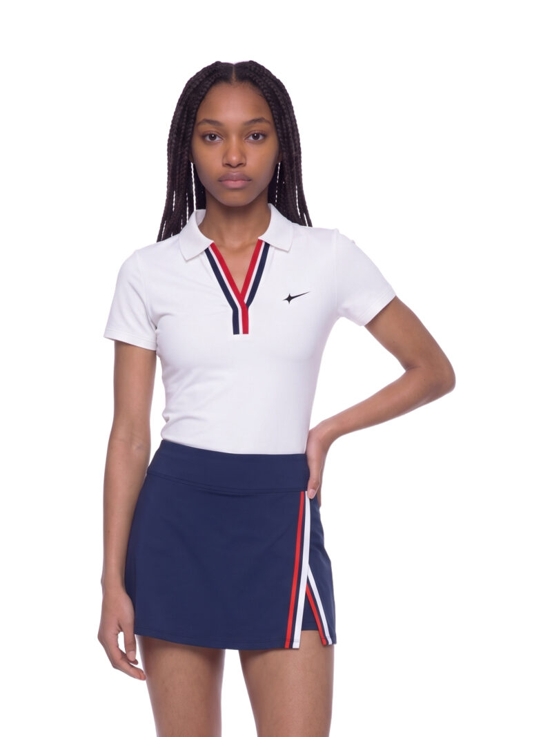 Offside Tennis Club Polo and Skirt Full Set, white polo and navy blue skirt, worn by model