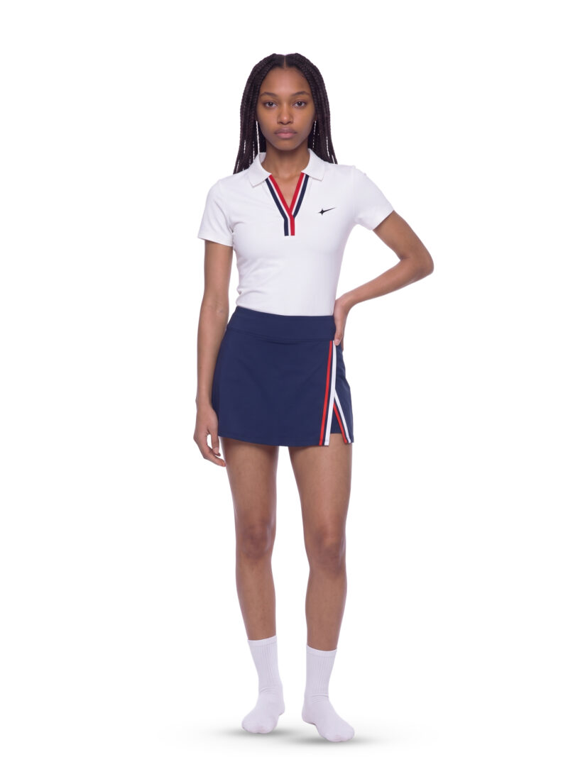 Offside Tennis Club Polo and Skirt Full Set, white polo and navy blue skirt, worn by model
